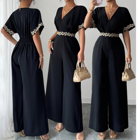 Classic V neck Floral lace Short Sleeve Stretchy Waist Wide Leg Jumpsuit - Picture 2 of 10